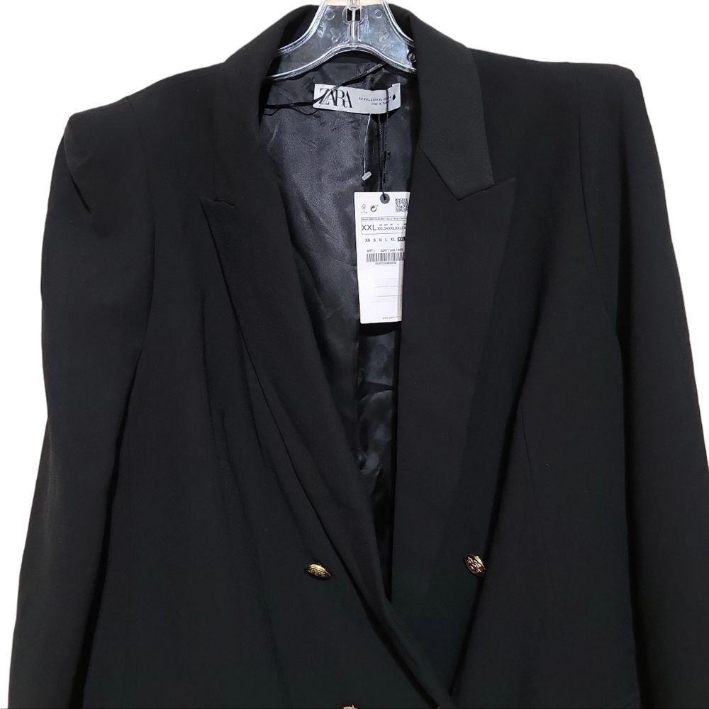 ZARA Black Padded Shoulder Double Breasted Blazer with Gold Buttons Sz XXL - Picture 7 of 12